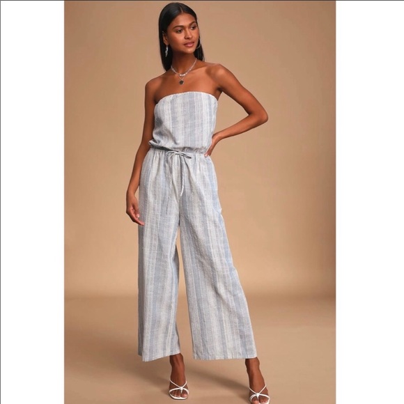 Lulus blue & white striped strapless jumpsuit summer beach vacation travel S - Picture 2 of 9